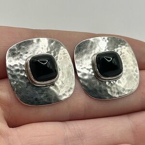 Square Black Onyx and Hammered Sterling Silver Post Earrings
